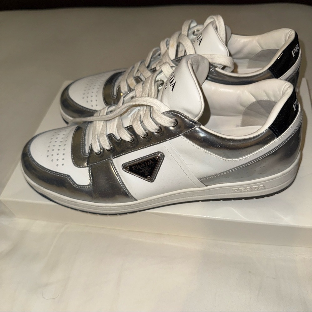 Prada Silver Downtown Leather Sneakers